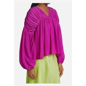 Stine Goya Top Small Pink Maelys Blouse Long Sleeve Oversized Ruched Split Neck
